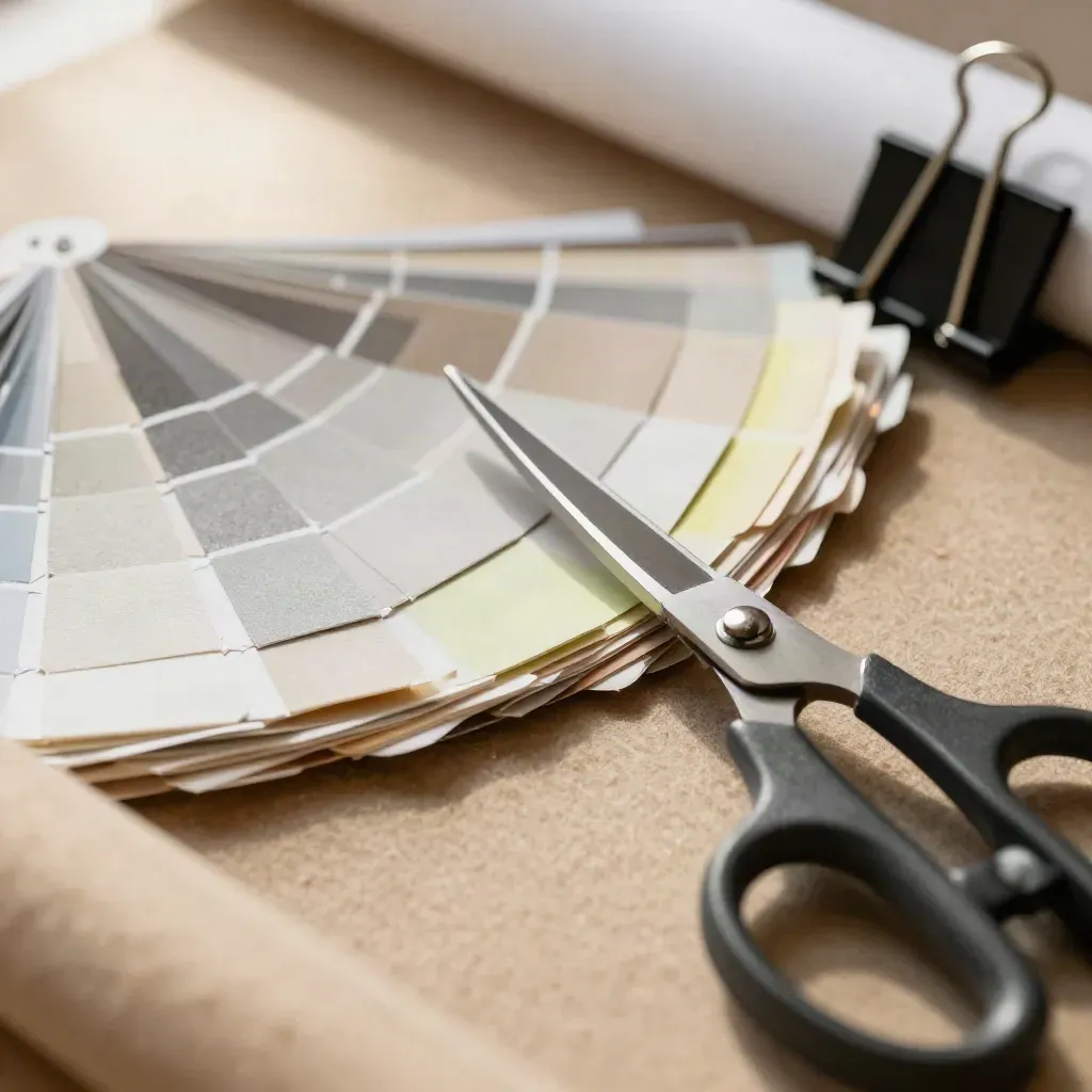 Macro still life of swatches, scissors, binder clip, and a rolled sample sheet on khaki felt.