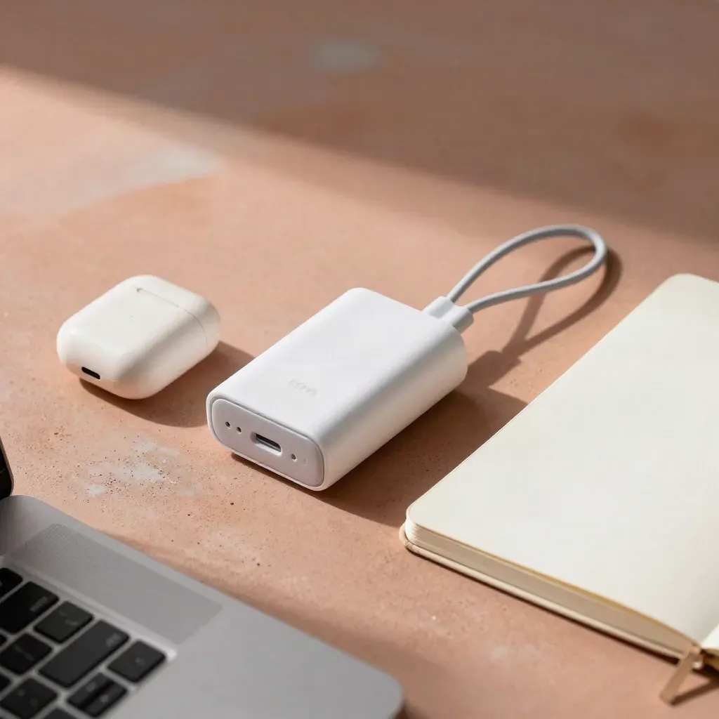 Top-down close of charger, earbud case, notebook and cable coil on terracotta concrete.