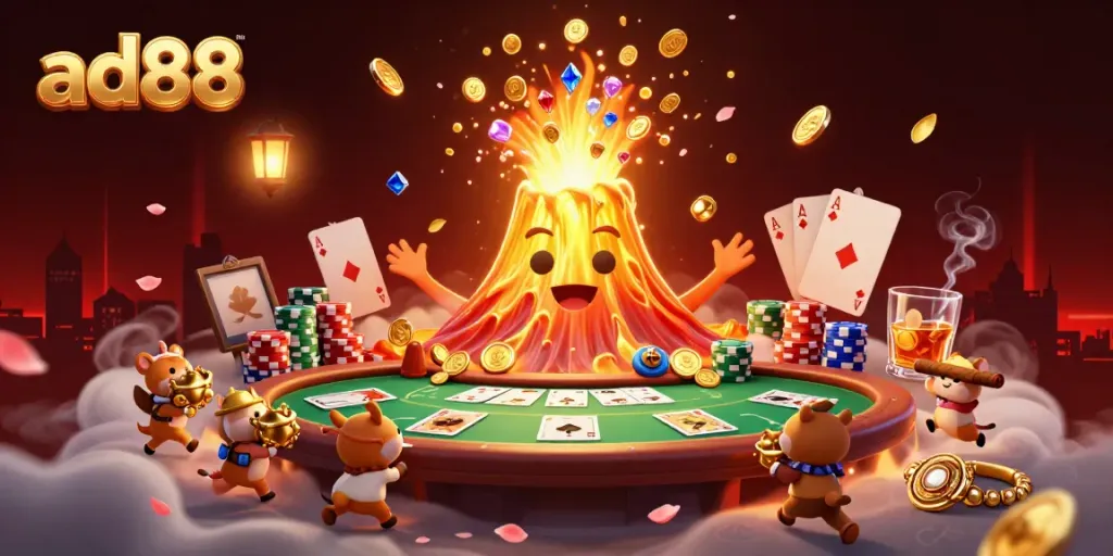 Experience the thrill of ad88 casino with a golden volcano erupting treasures in this vibrant illustration.