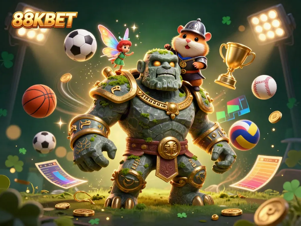 Experience the excitement of 88KBET with a fantasy scene featuring a magical golem and gaming elements.
