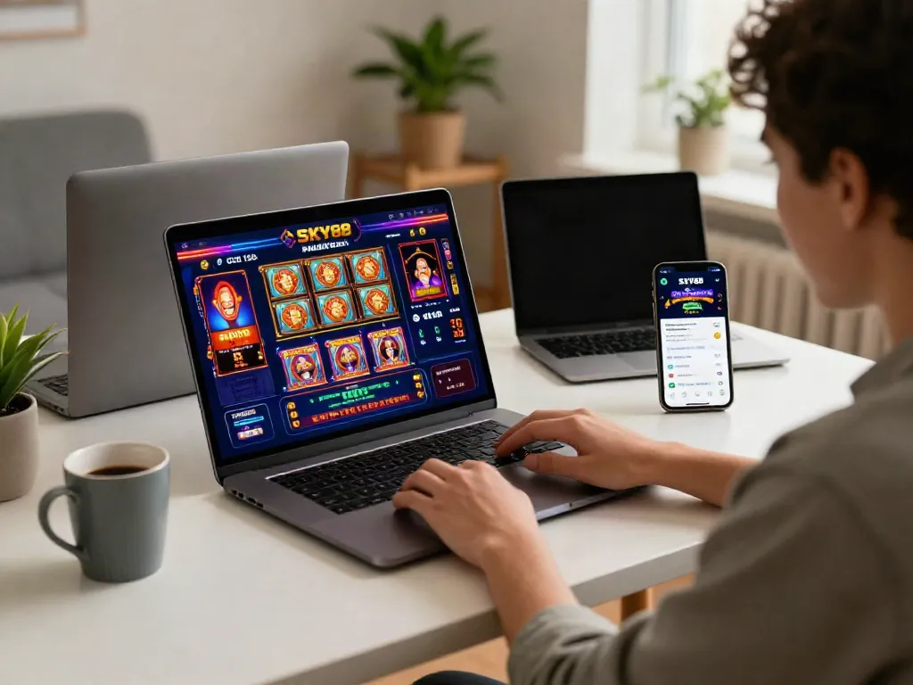 Engaged user exploring the SKY88 platform on a laptop, showcasing vibrant casino games and mobile app.