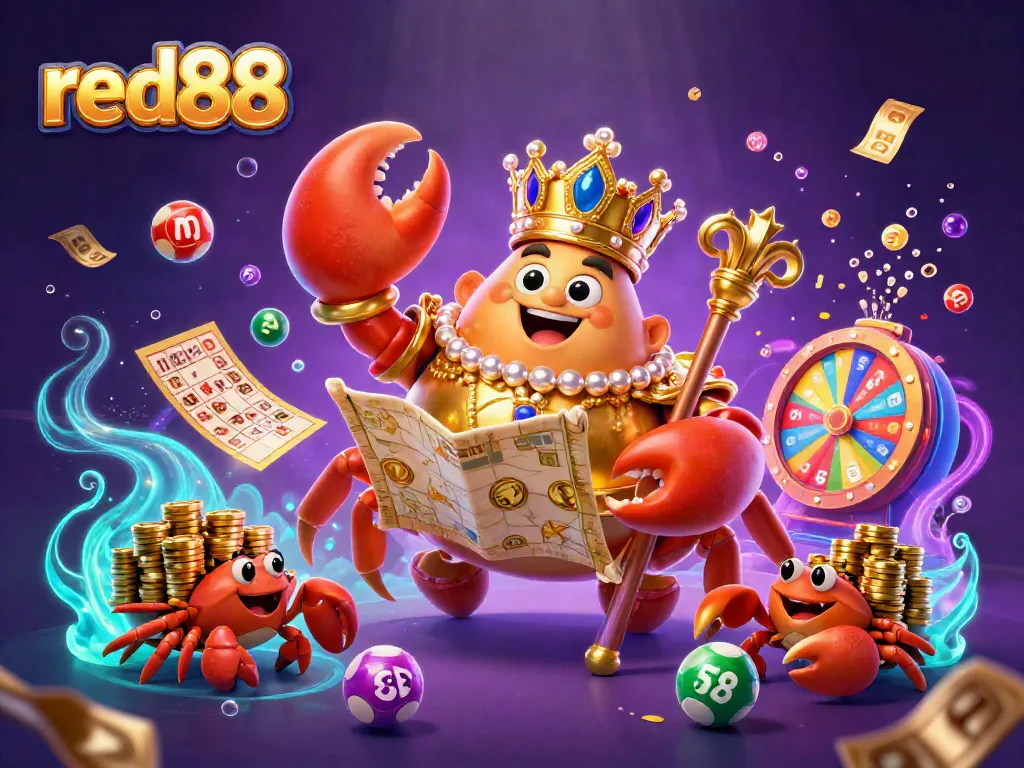 Experience thrilling gameplay with red88 as a golden crab emperor and lottery elements illuminate the scene.