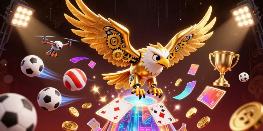 Experience thrilling online betting action with UU88, where cybernetic eagles soar over dynamic casino game elements.