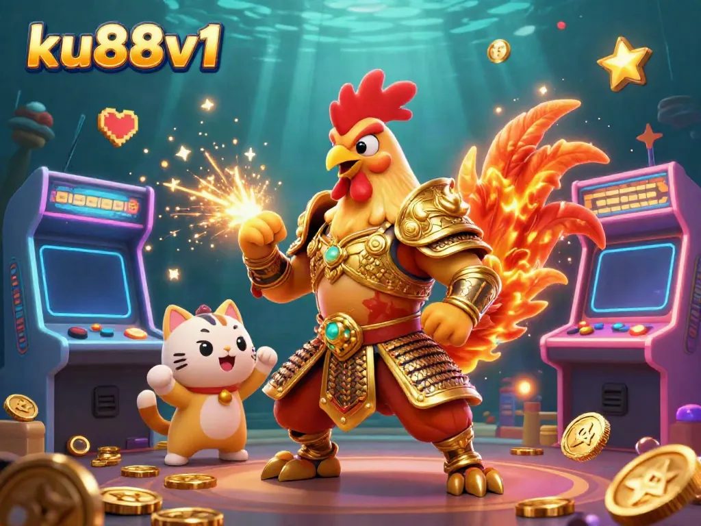 Experience the dynamic gaming scene of ku88v1 with a colorful array of arcade aesthetics and gaming characters.