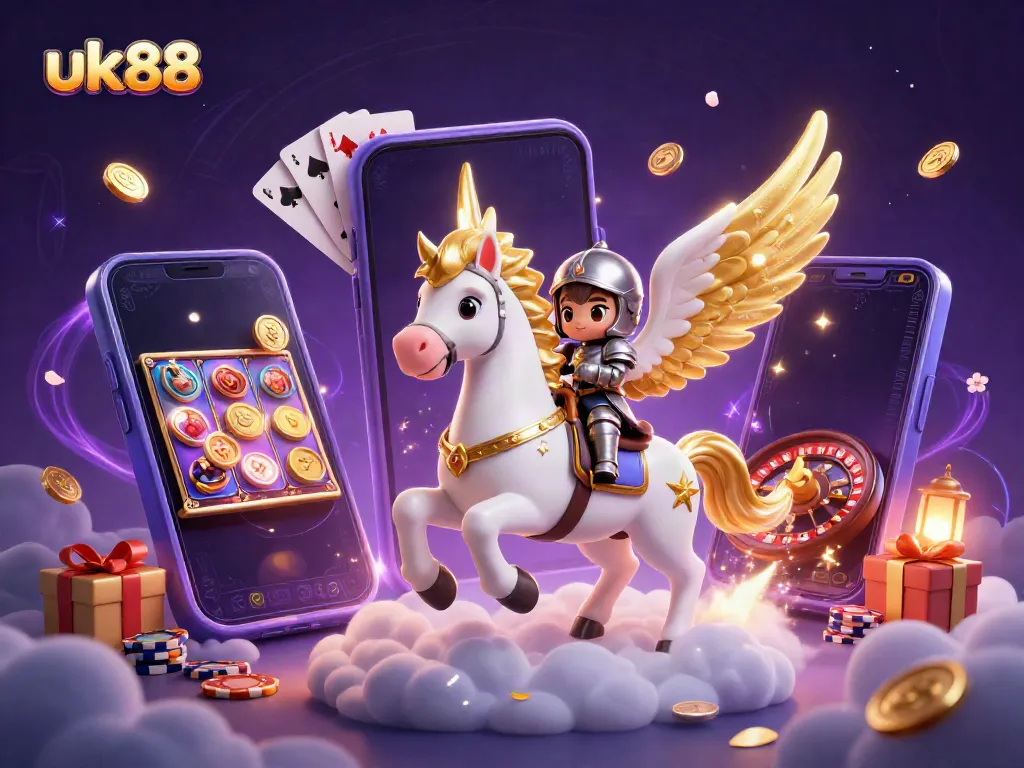 Experience exhilarating wins at uk88 with a 3D celestial horse and slot gaming elements in a magical scene.