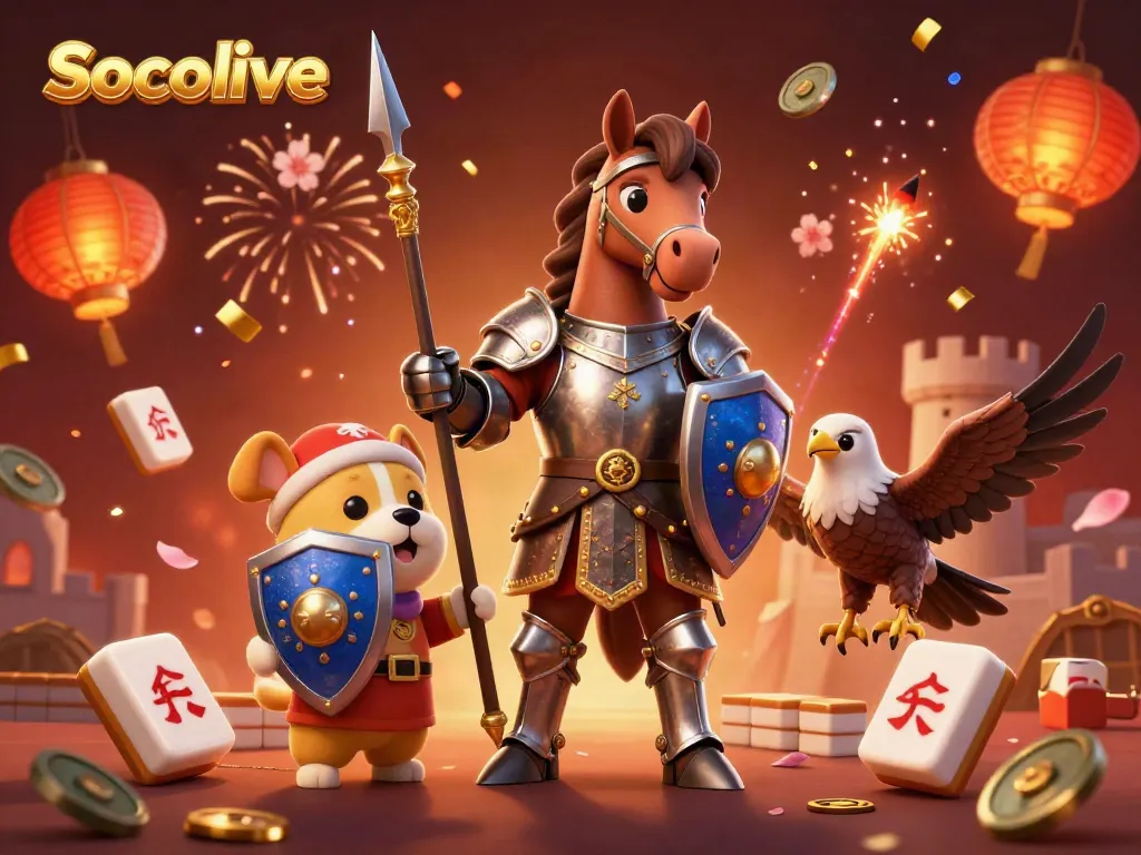 Socolive captures the medieval knight with dynamic gaming elements in a vibrant festive scene.