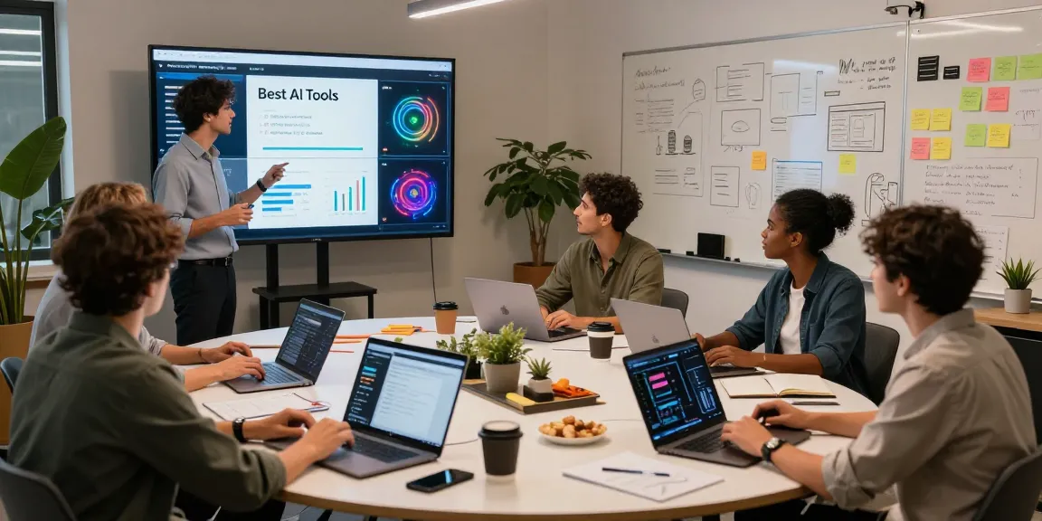 Collaborative workspace showcasing professionals discussing best AI tools and innovative tech strategies.