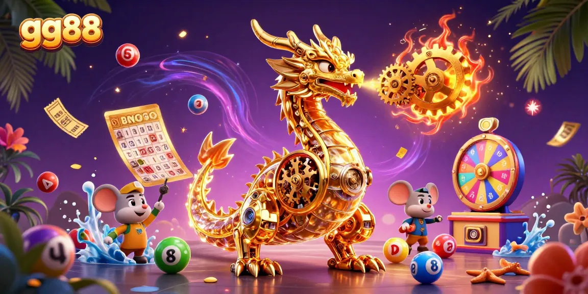 Engage with gg88 as the vibrant golden dragon breathes cogs amidst lottery action and exciting prizes.