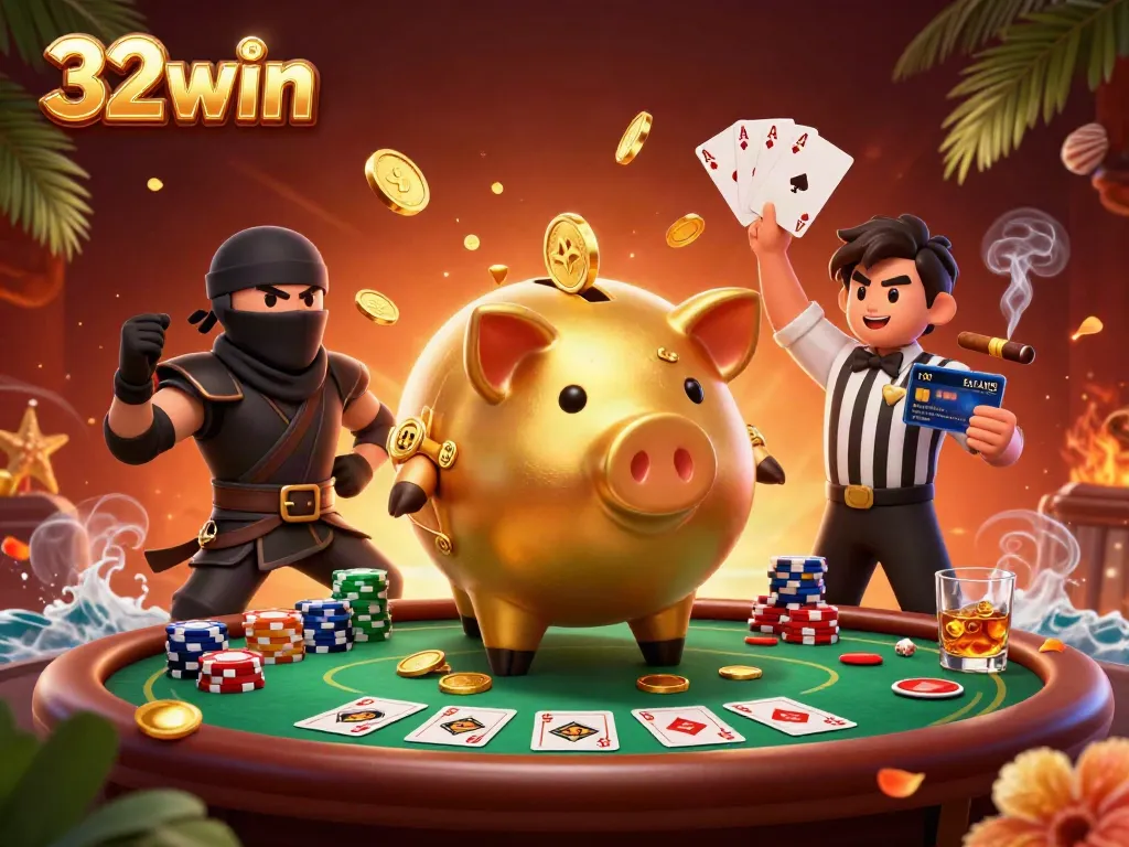 Engage in exciting gameplay at 32win with a lively casino scene filled with characters and poker elements.