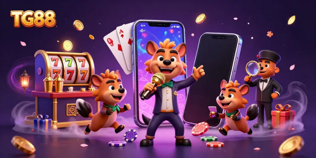 Enjoy the vibrant TG88-themed comedy casino scene with hyenas, slot games, and rich visuals.