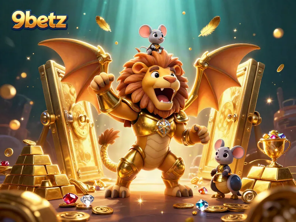 Experience exciting gaming adventures with 9betz featuring a triumphant chimera and treasure in dazzling detail.