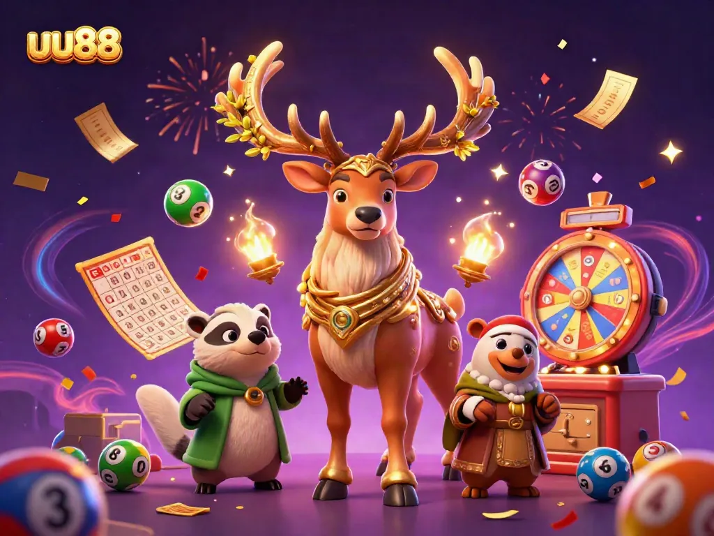 Experience the excitement of uu88 with vibrant lottery elements and fantastic characters in this energetic casino illustration.