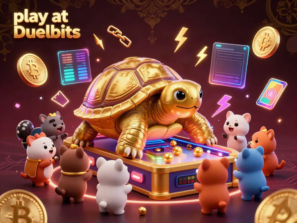 Experience the thrill as you play at Duelbits with a vibrant casino scene featuring a golden tortoise and crypto elements.
