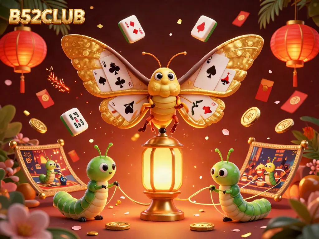Engage with B52CLUB in a vibrant casino scene featuring an atlas moth and golden game elements.