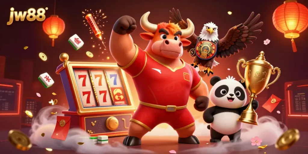 Enjoy thrilling gameplay at jw88 with festive characters and slot machines celebrating wins.