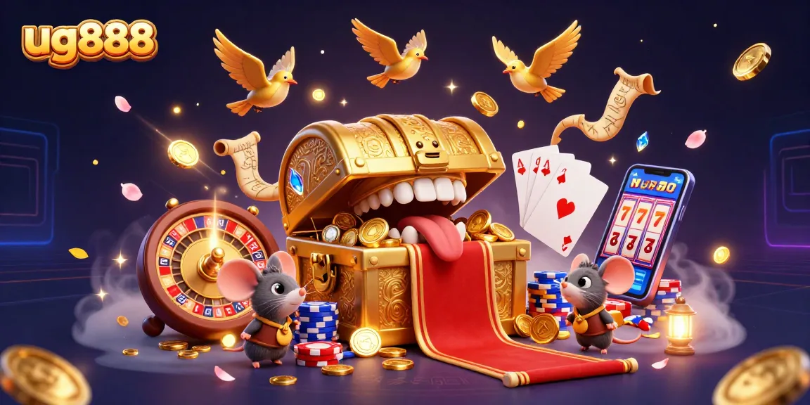 Engage in exciting gameplay at ug888 with 3D treasure chest and golden birds illustrating casino riches.