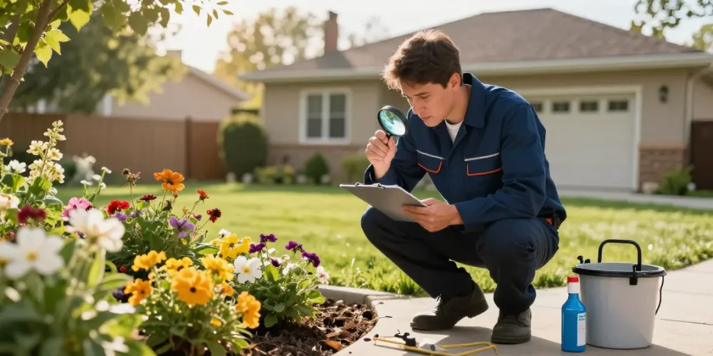 Calgary pest control professional inspecting residential garden for pests with tools and clipboard in a sunny setting.