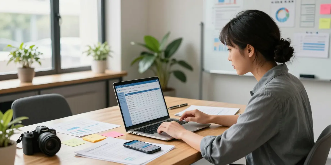 Accounting software for small business owner using a laptop in a modern workspace filled with financial documents and plans.