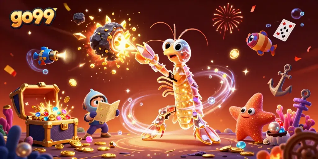 Experience thrilling wins at go99 with a dynamic scene featuring a mantis shrimp and starfish amidst golden treasures.