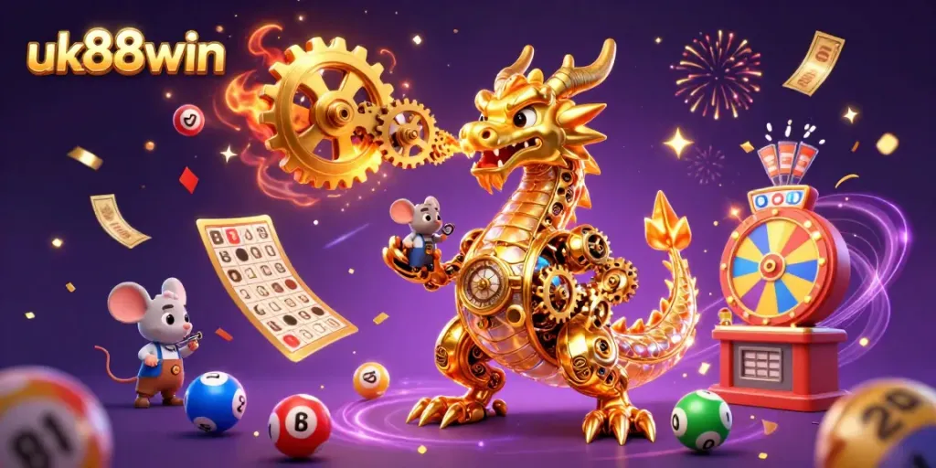 Engage with exciting wins at uk88win, featuring a golden dragon and vibrant lottery elements.