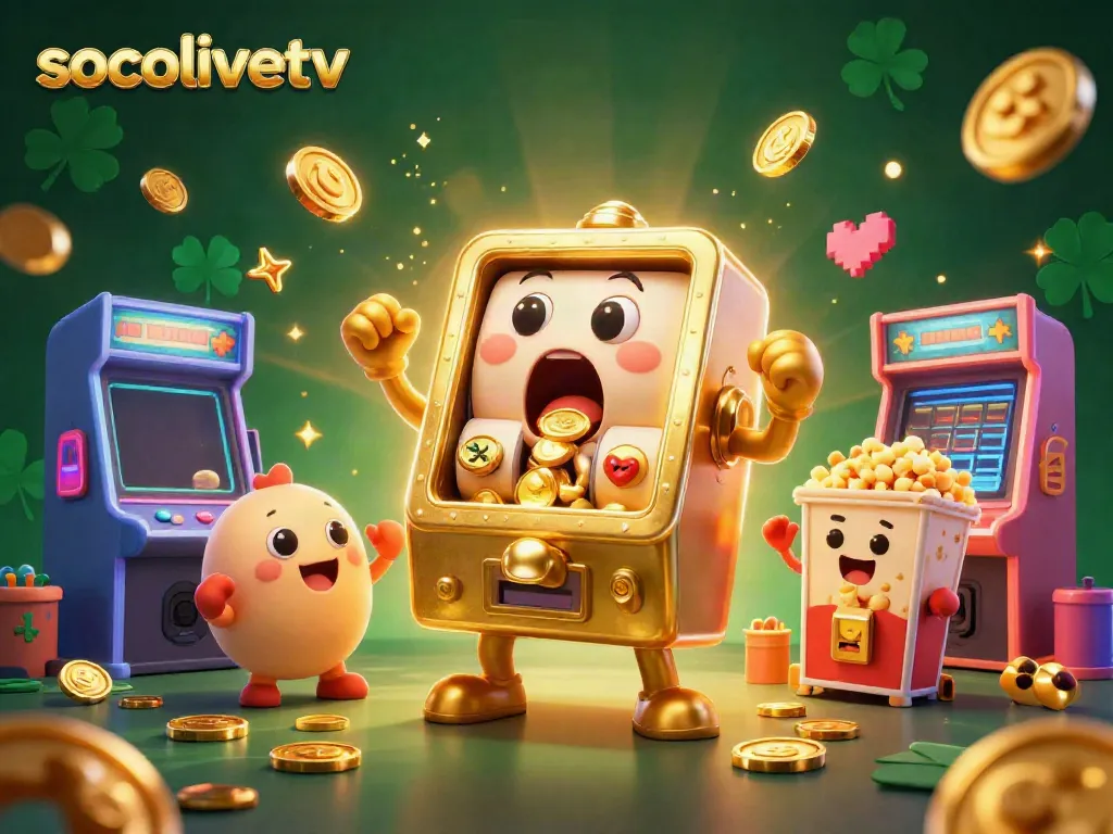 Experience the excitement of socolivetv as a golden slot machine celebrates its jackpot amidst colorful casino elements.