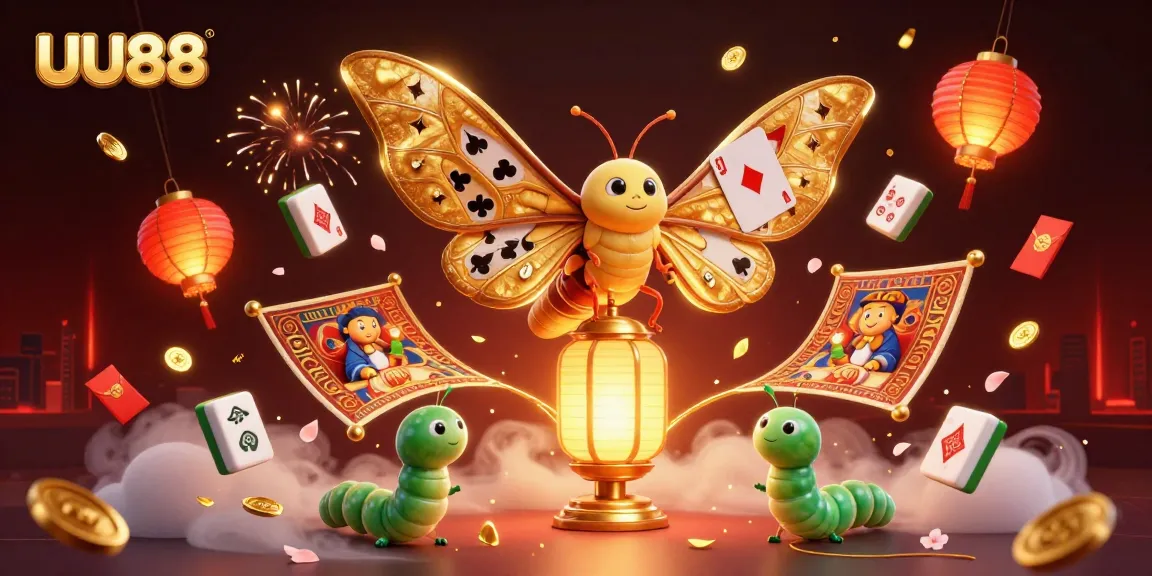 Engage with the vibrant UU88 gaming universe featuring a golden atlas moth, casino treasures, and glowing elements.