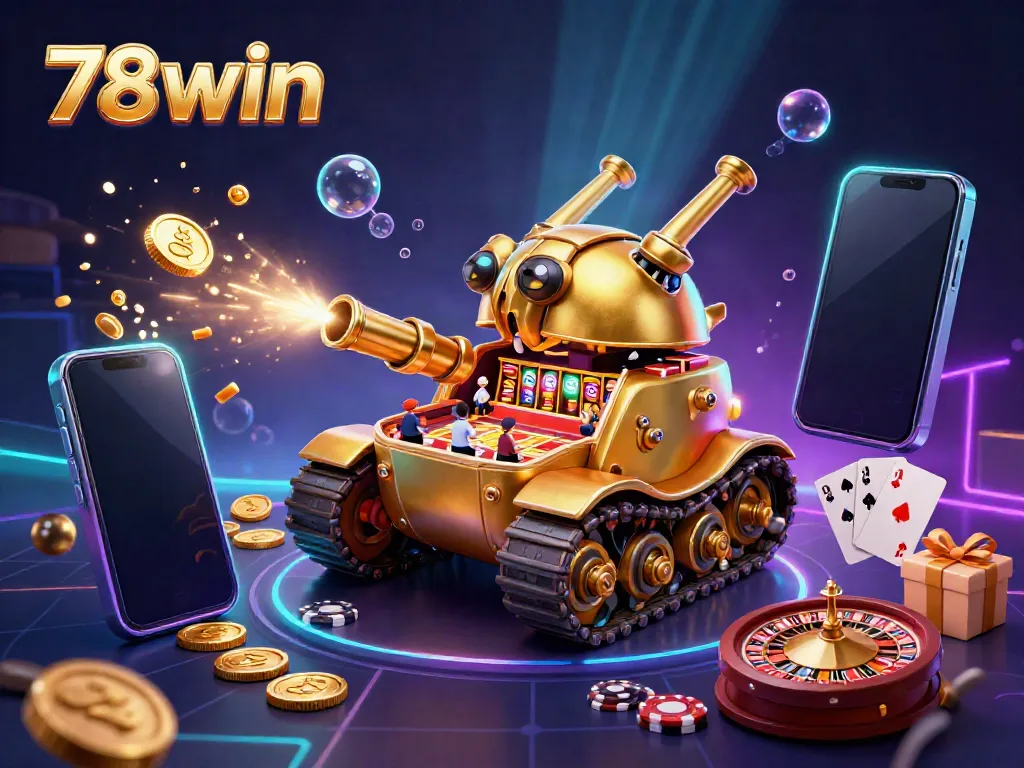 Experience the thrill of 78win with an elaborate 3D casino inside a golden beetle tank, showcasing vibrant slot games and festive elements.