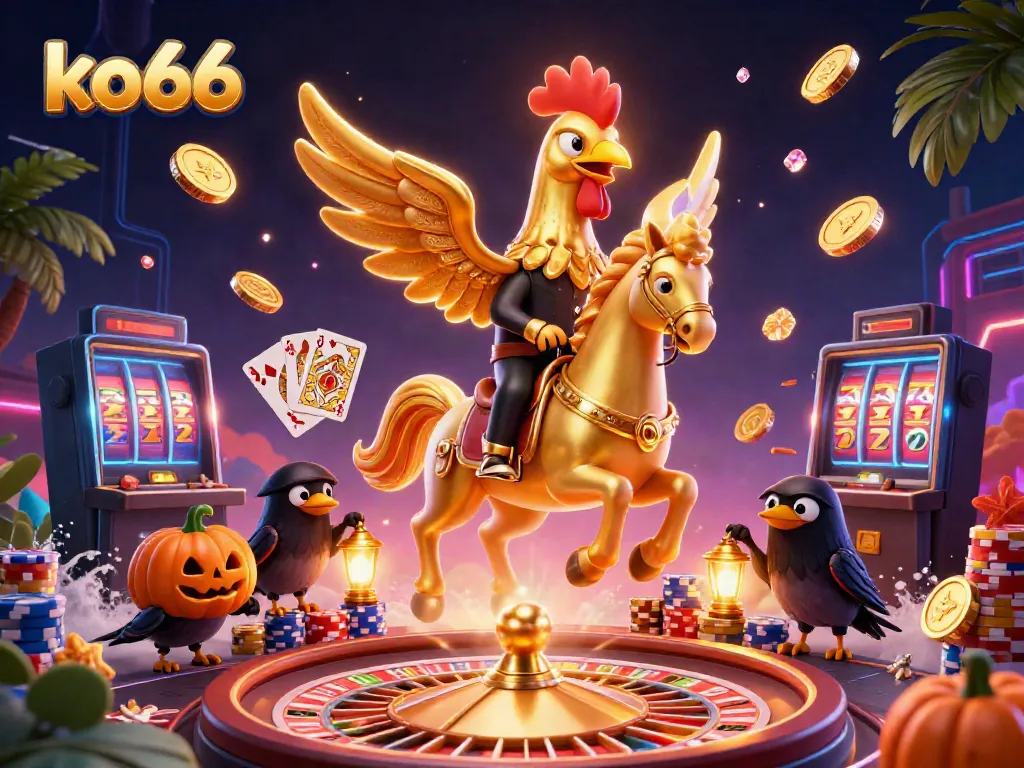 Engage in thrilling casino action with ko66 as golden rooster rides through a vibrant midnight scene.
