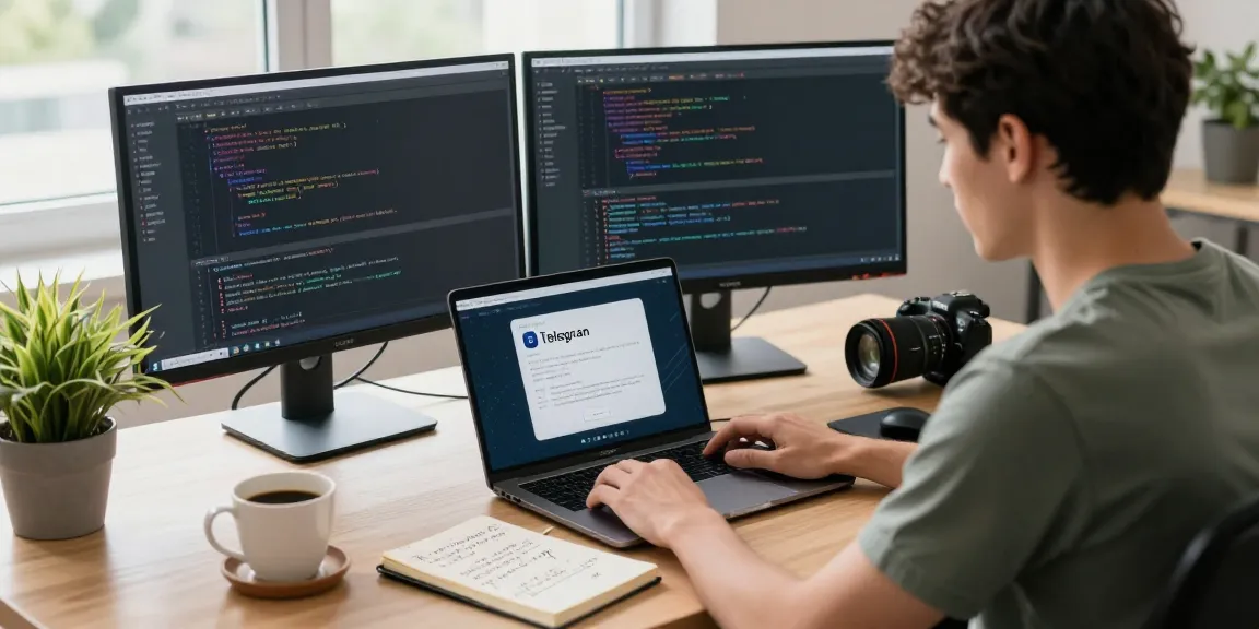 Setting up Telegram Chinese interface in a modern tech workspace with dual monitors.