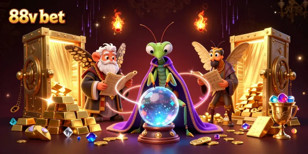 Engage with the excitement of 88v bet, featuring mystical characters and treasures in a vibrant casino setting.