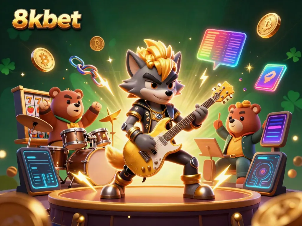 Engage with thrilling 8xbet slots through vibrant 3D animation featuring a rock star wolf and drummer bear.