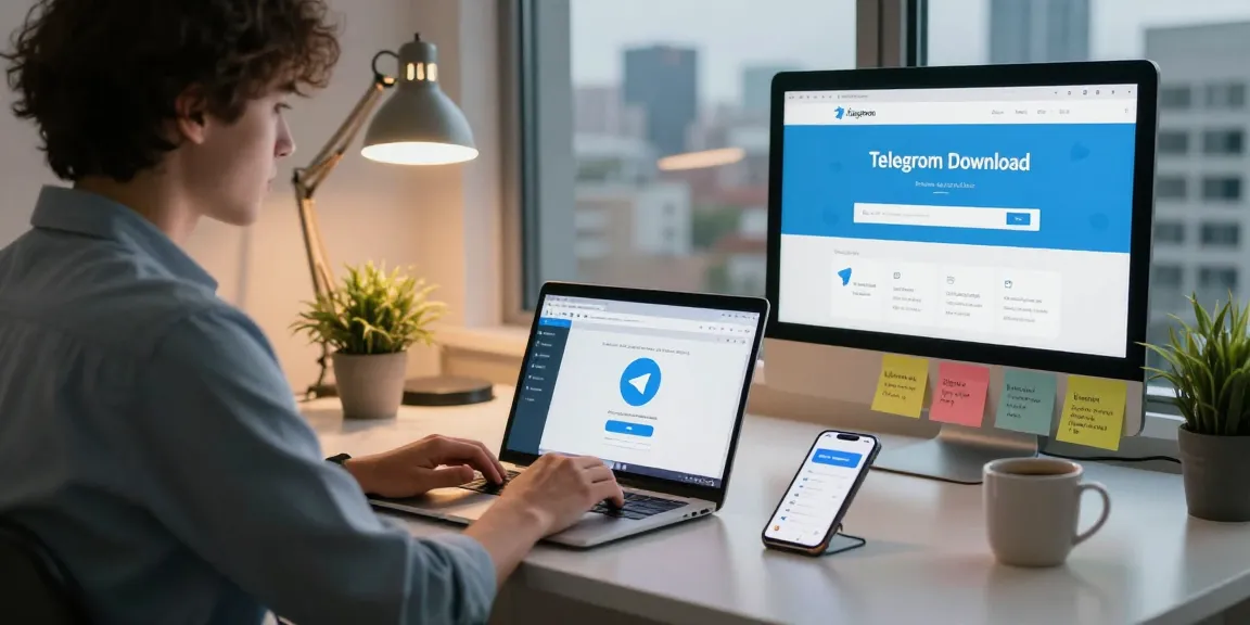 Efficient workspace with Telegram download on laptop and smartphone displaying notifications.