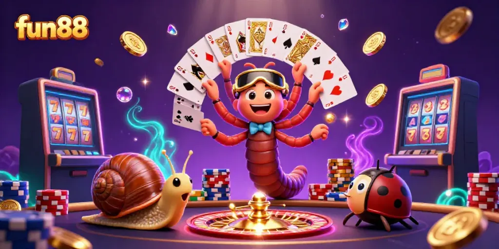Experience fun88's vibrant casino action with an animated millipede dealer and golden chips.