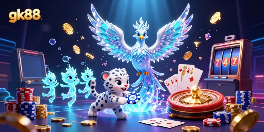 Experience thrilling moments with gk88 as the ice phoenix and snow leopard revel in a vibrant casino.