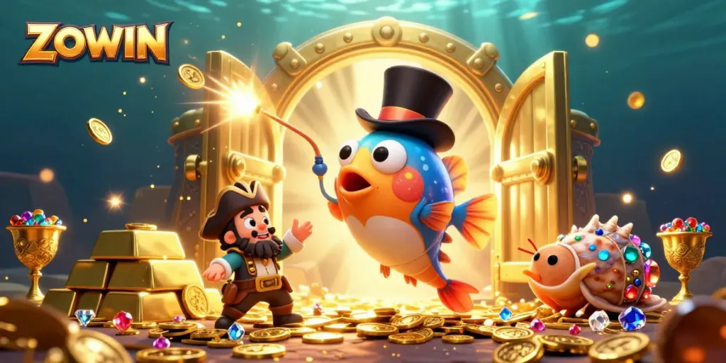 ZOWIN emerges with dazzling treasures in this underwater casino adventure illustration