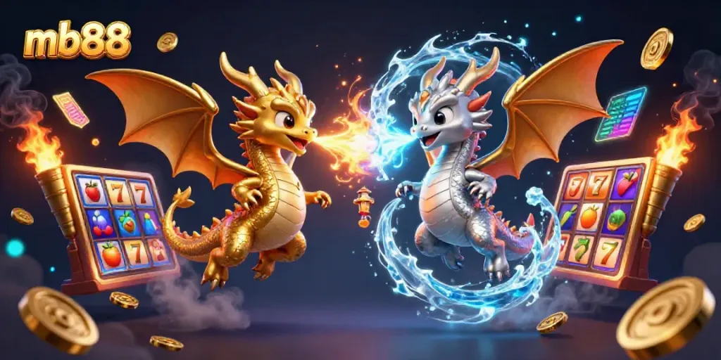 Engage with mb88 thrilling slot game action featuring golden and silver dragon characters.