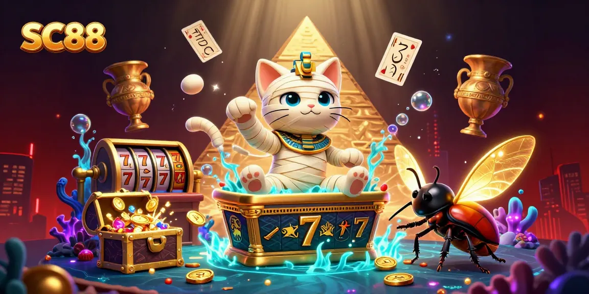 Experience SC88's thrilling casino games with an Egyptian mummy cat and treasures in a vibrant undersea backdrop.