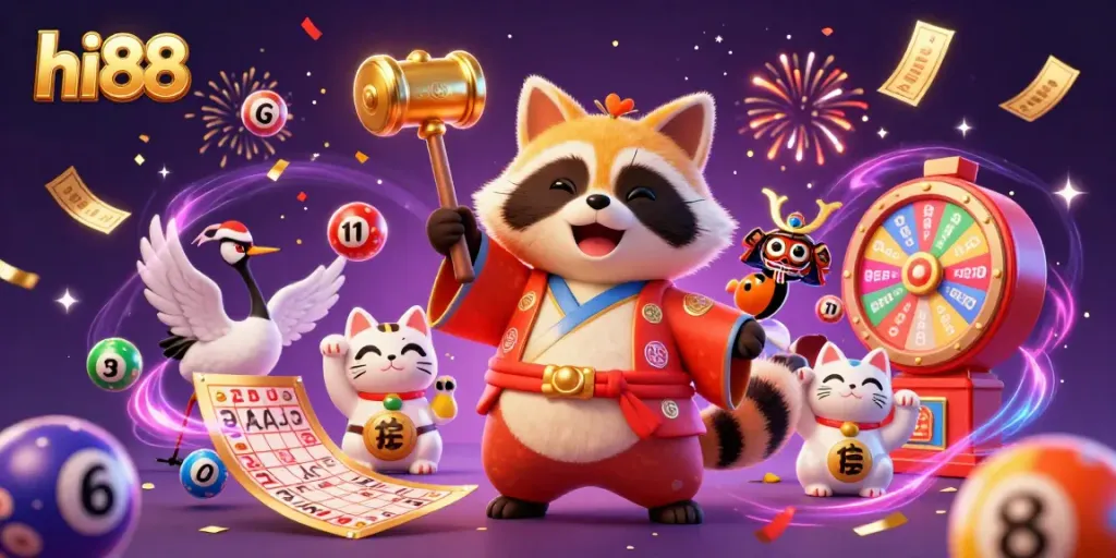 Engage with hi88's vibrant online casino scene featuring a cheerful tanuki, crane, and fortune cats surrounded by lottery elements.