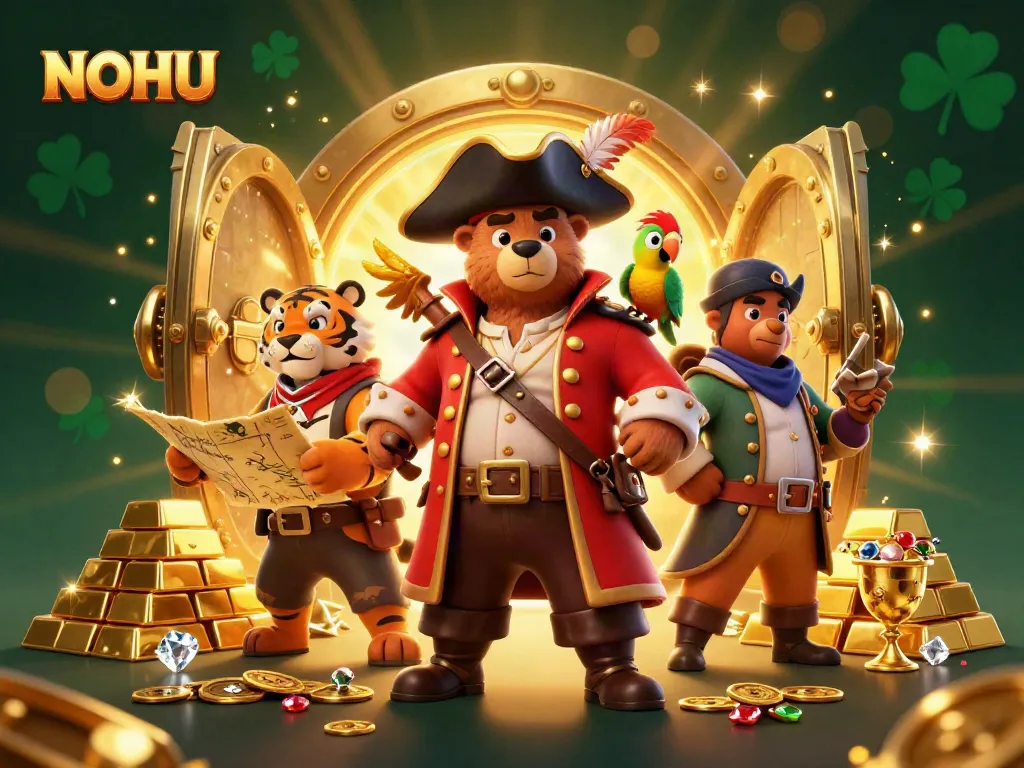 Experience the excitement of NOHU casino with a vibrant pirate-themed treasure hunting illustration.