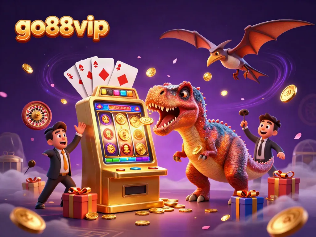 Engaging scene of go88vip with a dinosaur celebrating a jackpot win at a colorful slot machine.