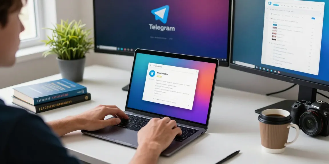 Setting up Telegram中文 interface on a laptop in a modern workspace.