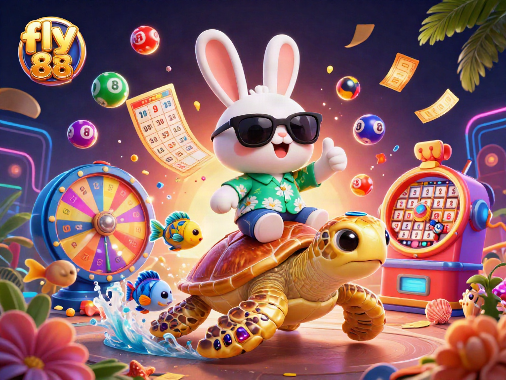 Engage with fly 88's vibrant action featuring a lucky rabbit and golden turtle in a lively casino scene.