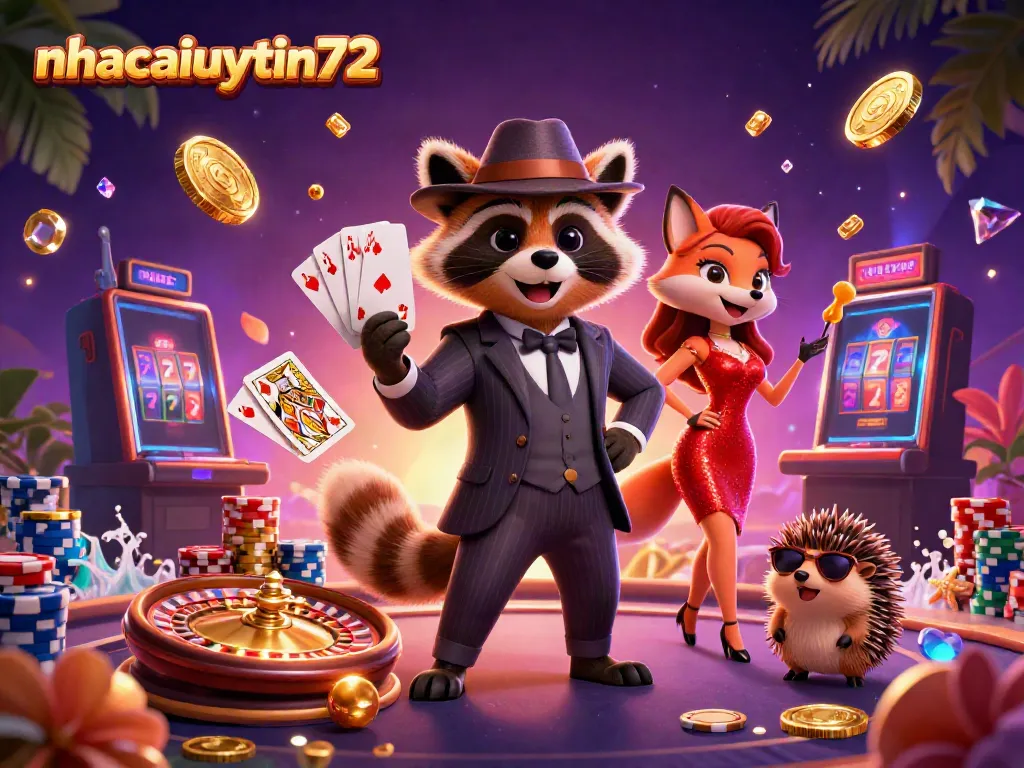 Experience thrilling gaming at nhacaiuytin72 with a suave raccoon, glamorous fox, and dynamic casino elements.