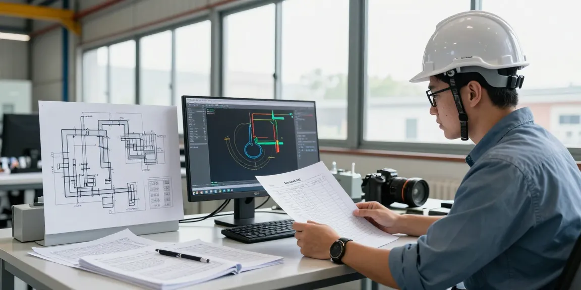 Piping Stress Analysis USA performed by a professional engineer reviewing 3D models and reports in an industrial workspace.