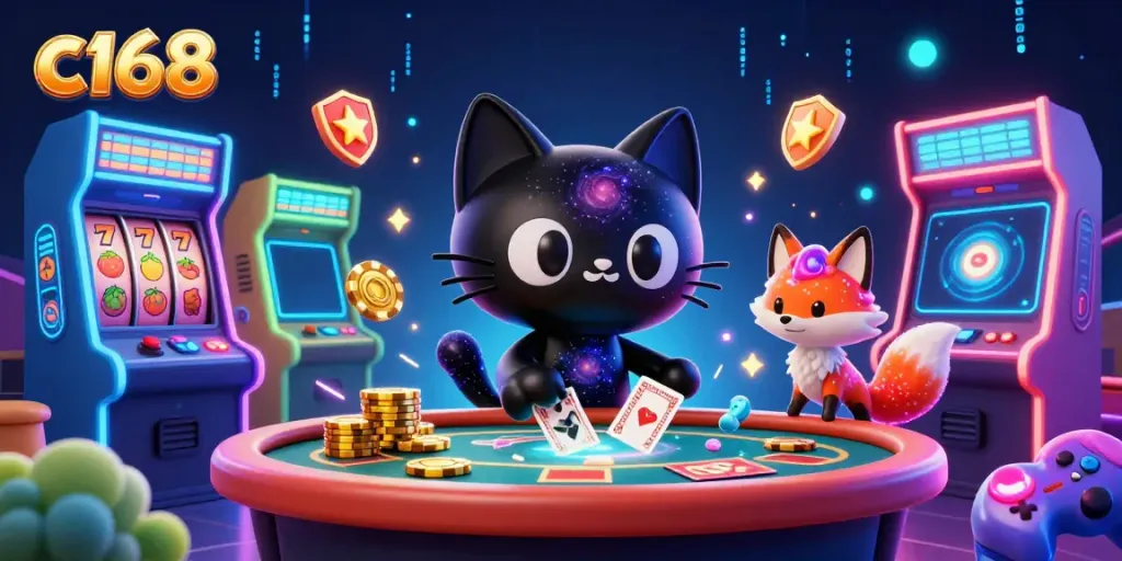c168 casino scene featuring a cosmic black hole cat and colorful gaming elements.
