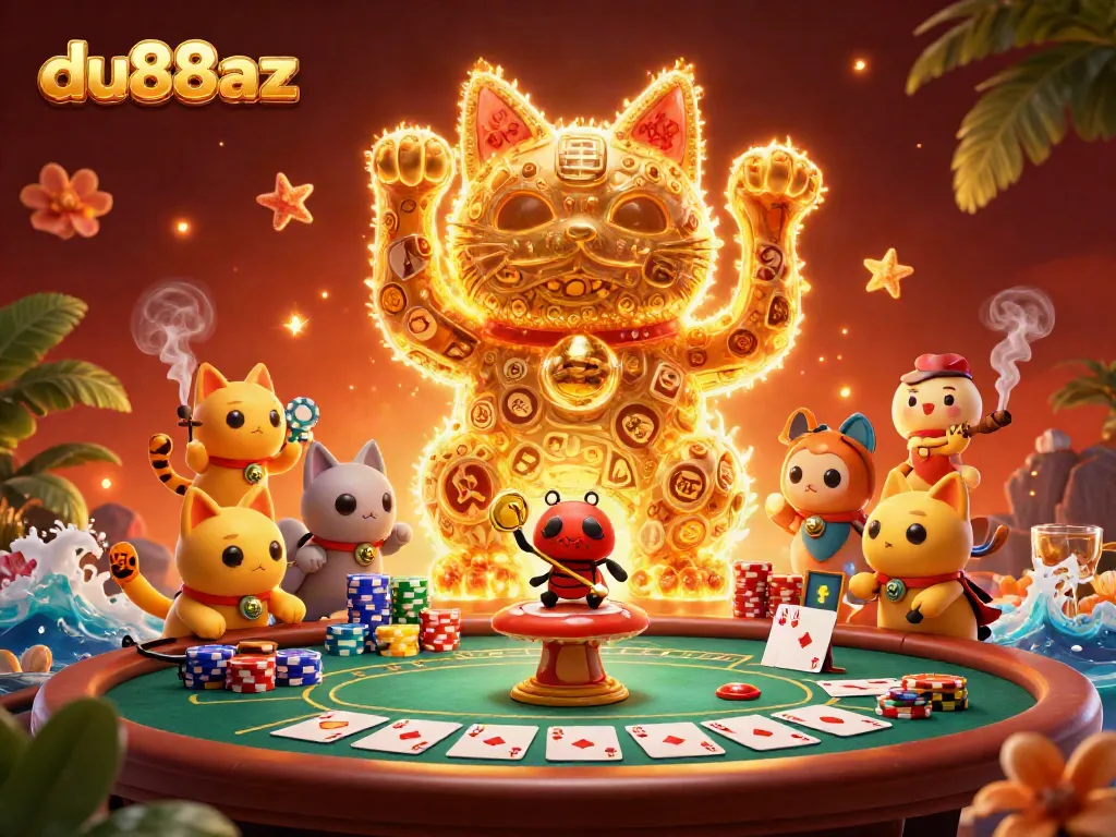 Experience the thrill of du88az as golden fireflies form a lucky cat while showcasing poker elements.
