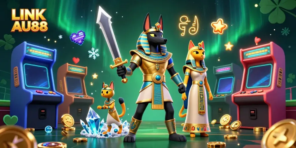 Experience thrilling games at LINK AU88 with Anubis and Bastet in a vibrant casino scene.