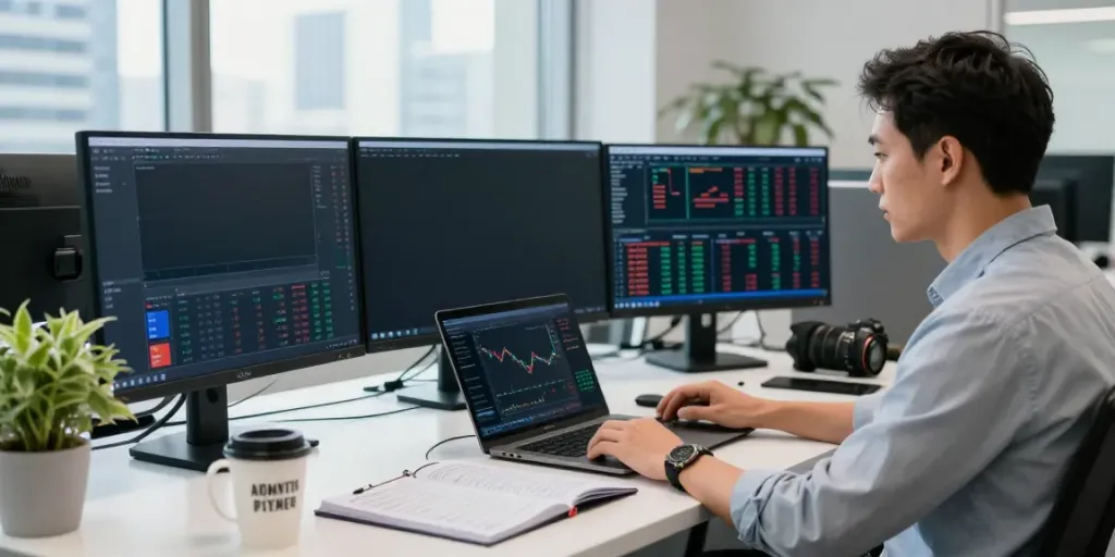 Trader analyzing market trends using slate capivex AI tools in a modern office