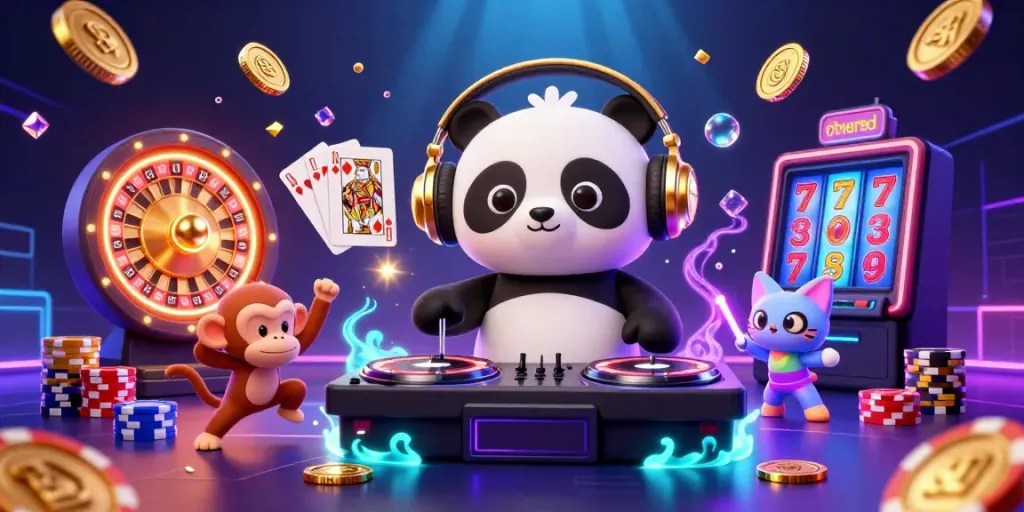 Experience the excitement of 79club with a vibrant scene of casino elements featuring a DJ panda, breakdancing monkey, and rave kitten.