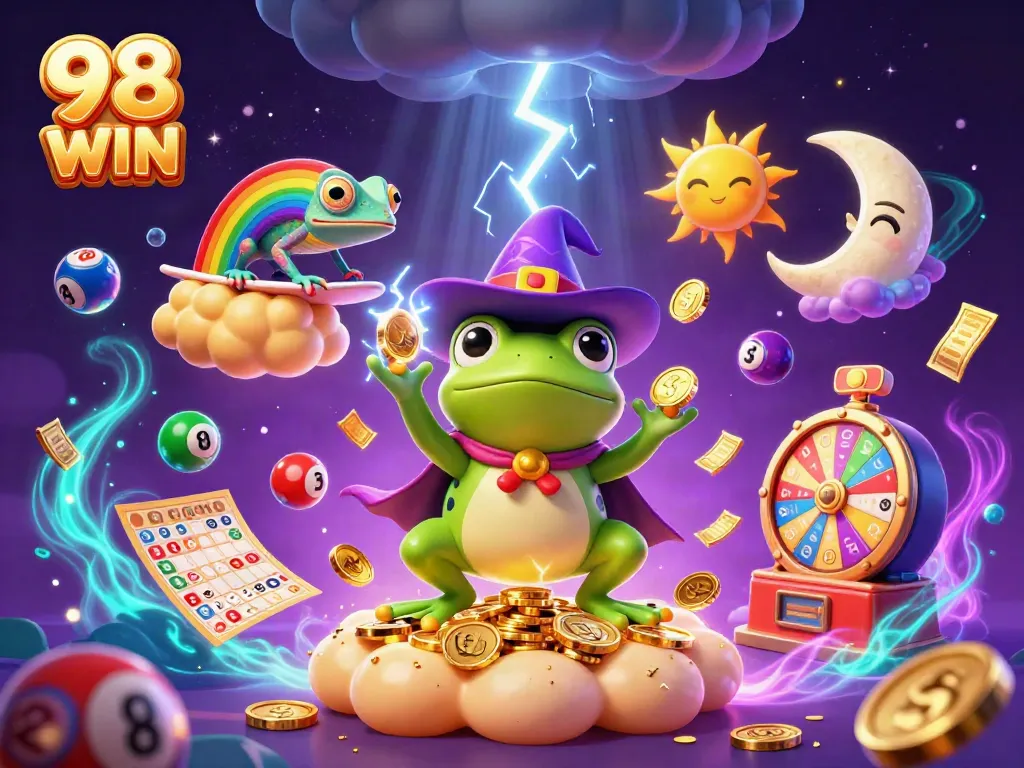 Engage with thrilling 98 WIN experience as a wizard frog conjures gold and colorful lottery elements.